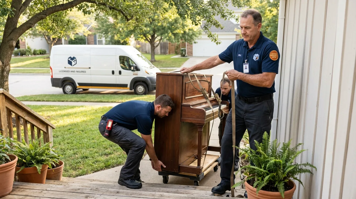 Licensed piano movers securing grand piano in Buena Vista, GA
