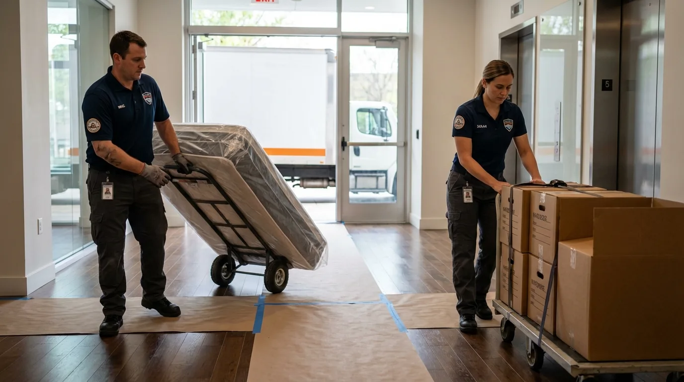 Professional apartment movers loading elevator in Buena Vista, GA