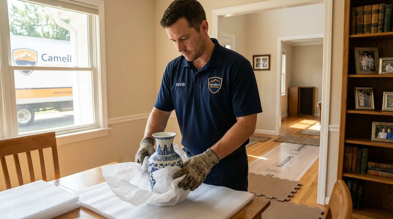 Professional crew carefully wrapping antique vase for senior downsizing move in Buena Vista, GA